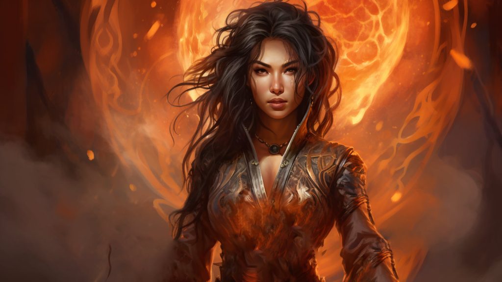 Warlock 5E: asian female warlock in the flames