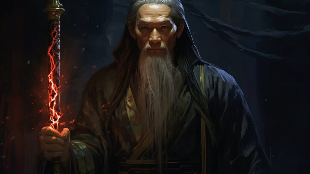 Warlock 5E: Asian warlock holding a magic staff