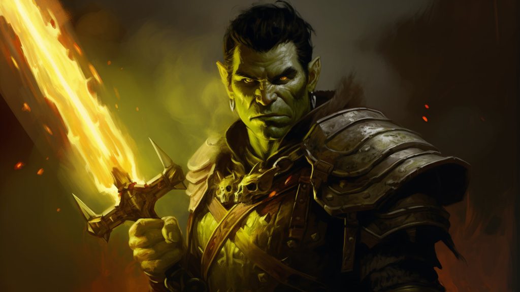 Booming Blade 5E: Half orc paladin from dnd holding a fire sword