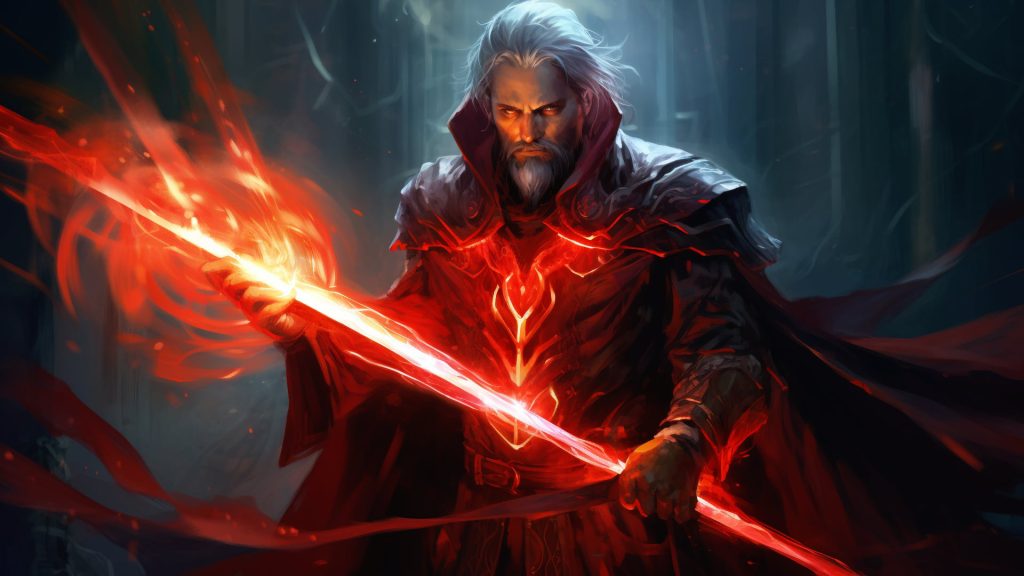 Booming Blade 5E: sorcerer holding red glowing rod