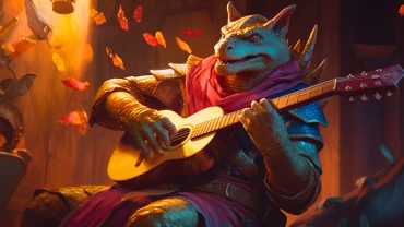 Charm Person 5E: Dragonborn bard from DnD playing a guitar
