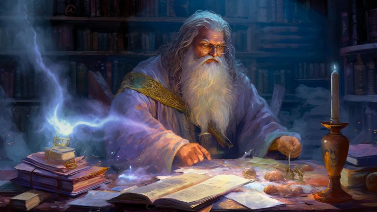 Detect Magic 5E: Wizard sitting at the library studying magic books