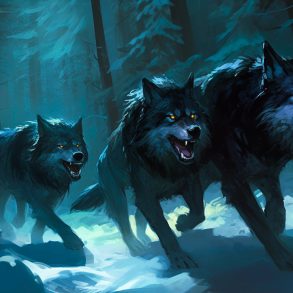 Dire Wolf 5E: Pack of wolves walking trough woods