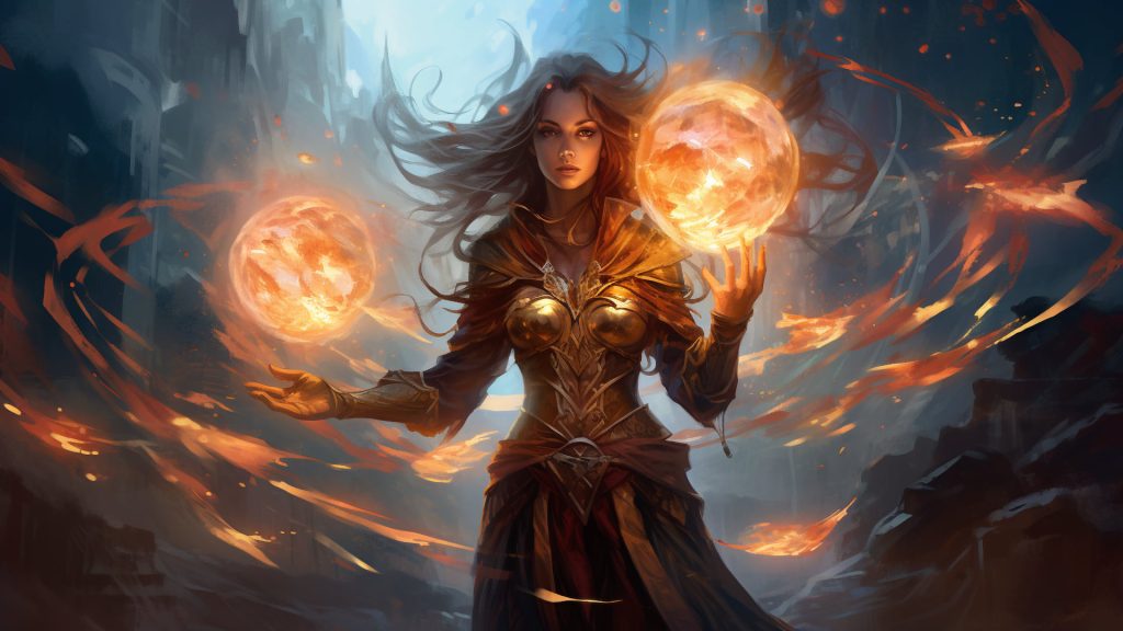 5e schools of magic: female wizard casting fireballs