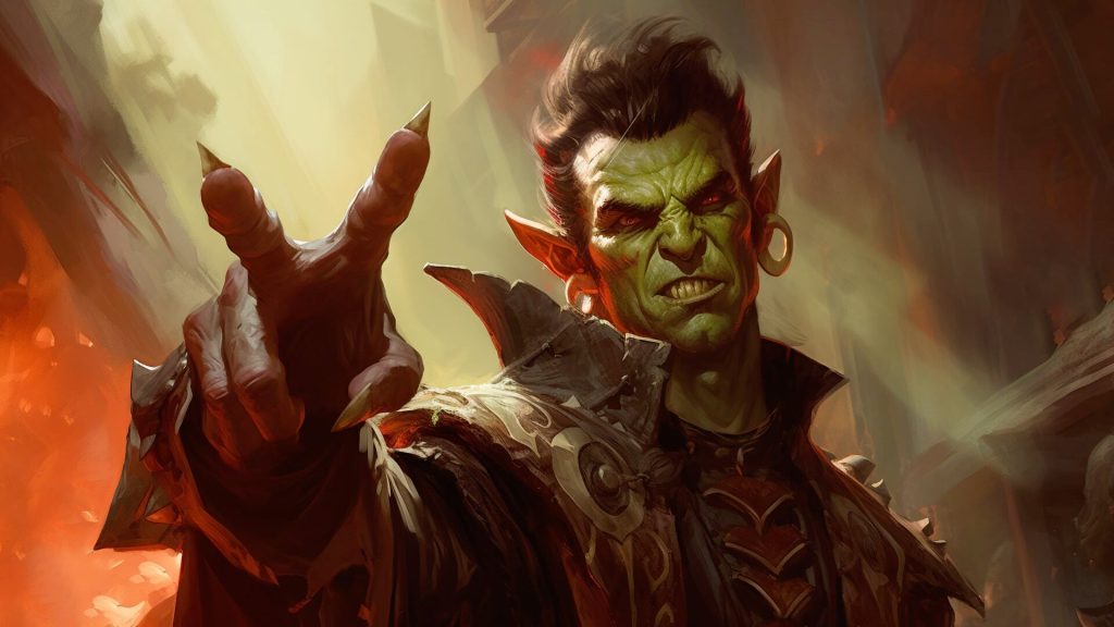 Warlock 5E: Half-orc warlock from DnD pointing fingers at enemies