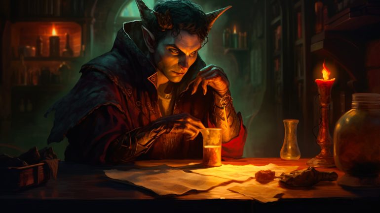 Minor Illusion 5E: Tiefling from DnD sitting at the table