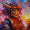 Prestidigitation 5E: Tiefling in vibrant eccentric robes flicks his fingers, sparking tiny fireworks, colorful illusory images, and conjuring various trinkets that float around him