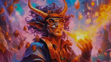 Prestidigitation 5E: Tiefling in vibrant eccentric robes flicks his fingers, sparking tiny fireworks, colorful illusory images, and conjuring various trinkets that float around him