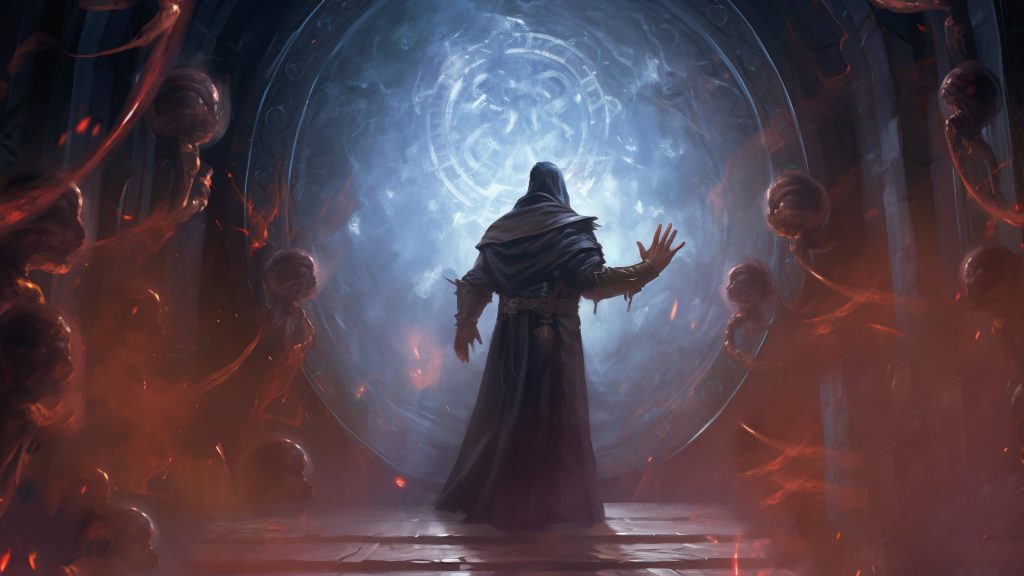 5E Schools of Magic: DnD warlock opening a portal door with conjuration spell